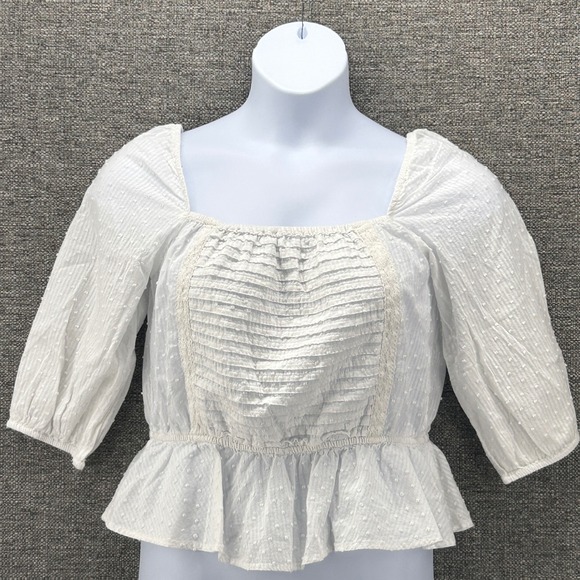 Womans Blouse Size Large‎ White Peplum Puff Sleeve Cottagecore Prairie Fairy - Picture 1 of 13